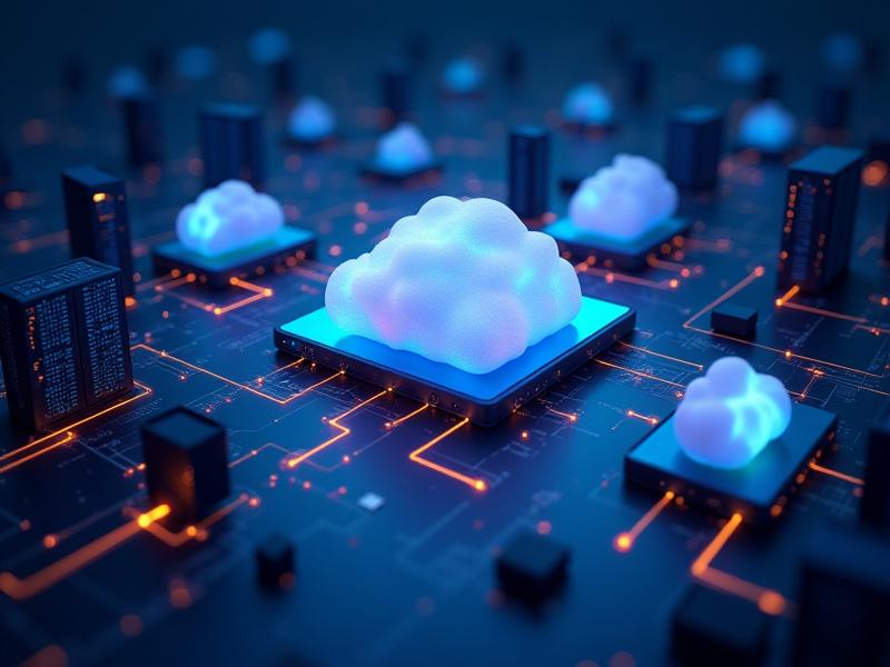 Abstract visualization of Xcode compilation processes distributed across a cloud network infrastructure
