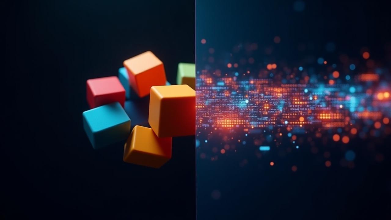 Abstract visualization showing colorful visual building blocks transforming into streamlined, glowing code syntax