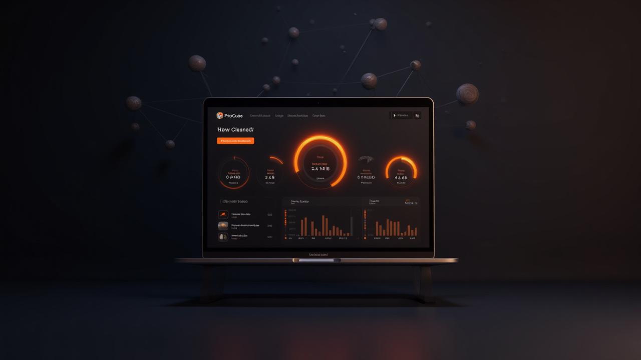 PyroCode Xcode Cleaner macOS application interface displaying a dashboard with project size metrics, cleanup options, and a dark mode aesthetic.